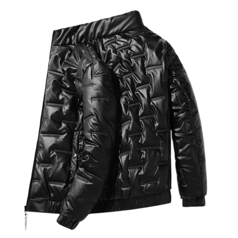 Winter Shiny Down Jacket Mens Cotton Clothes Warm Thicken Glossy Down Jacket Fashion Solid Color Stand Collar Men Casual Coat