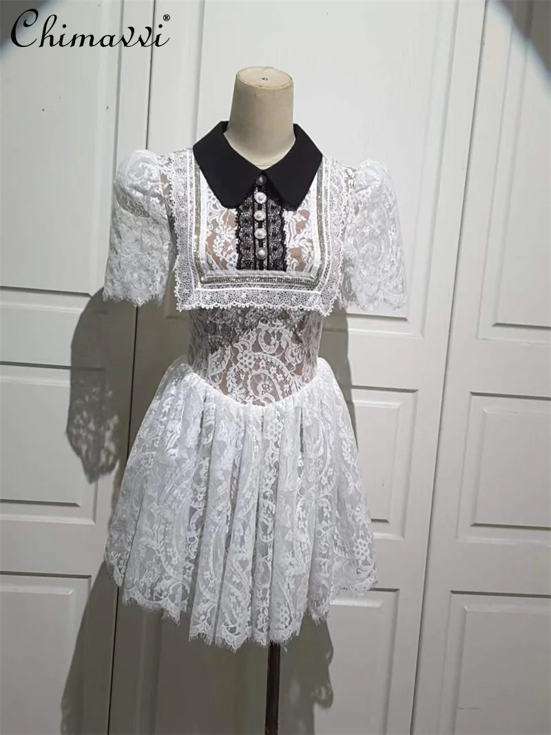 

2022 Summer New French Retro Romantic Lace Dress for Women High Waist Slim Color Stitching Turnover Neck Slim-Fit Puffy Dress