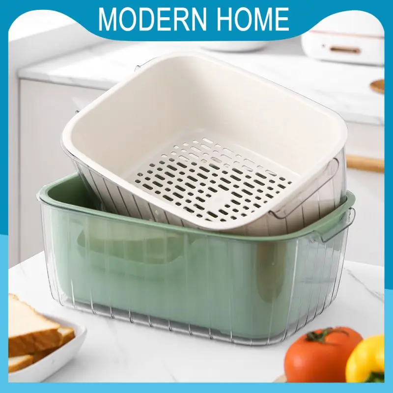 

Square Double-layer Fruit Basket. Transparent Draining Basket Binaural Handle Pet Basket Kitchen Supplies Plastic Home Storage
