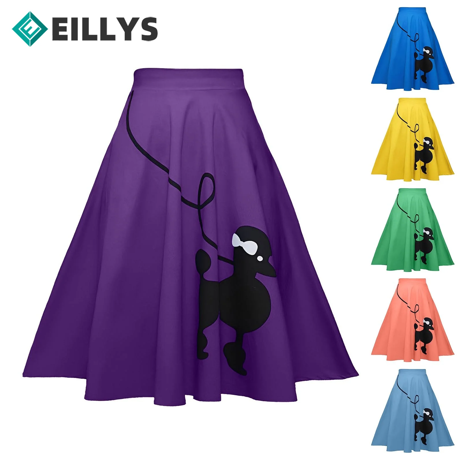 

2023 New Elegant High Waist Midi Skirt Women Spring Autumn Ball Gown Long Skirt Ladies Retro Poodle Print Cartoon Unbrella Skirt