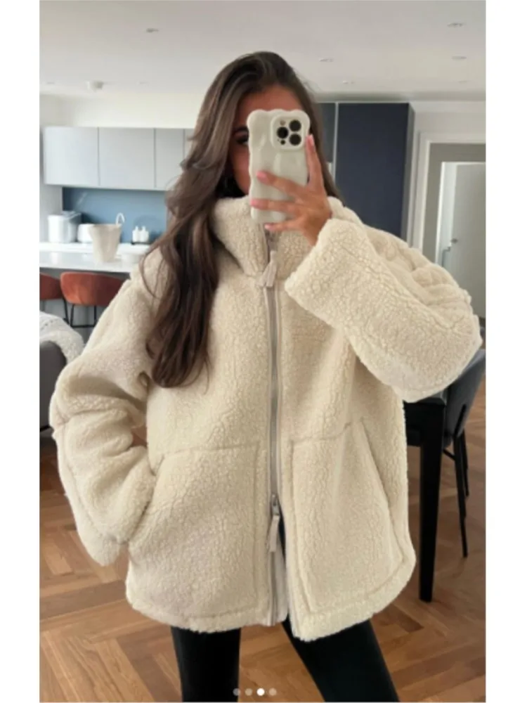 

Fashion Solid Lambswool Women's Thick Coat Casual Loose Stand Neck Pocket Zipper Jacket 2023 Autumn Winter Lady High Streetwear