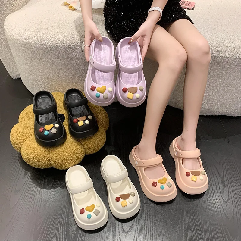 

Slippers Women Summer Shoes Slides Low Cover Toe Rubber Floral Basic Fabric Hoof Heels Appliques Mary Janes PU Scandals Cover To