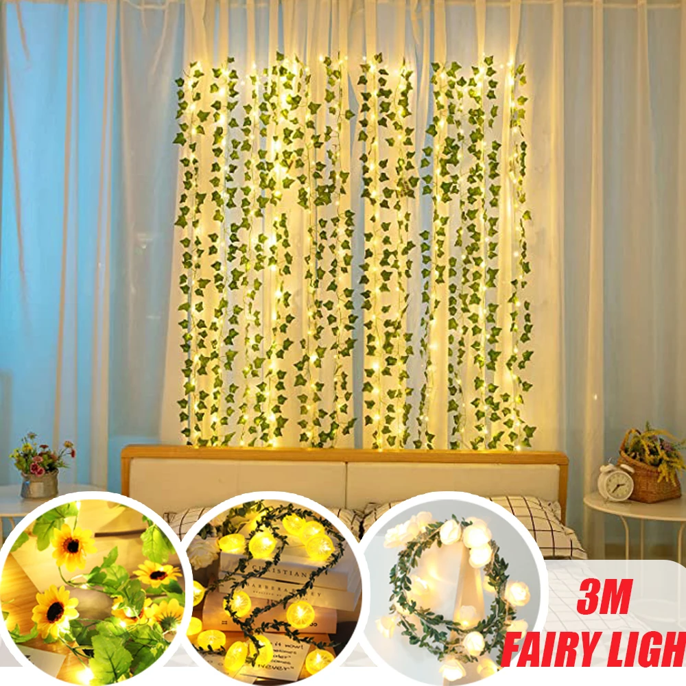 

3M DIY Leaf Garland String Lights Copper Wire Rattan Battery Operated Fairy Light for Christmas Home Party Wedding Decor