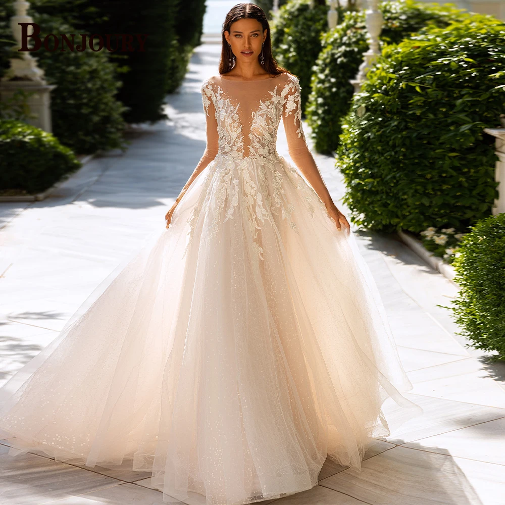 

BONJOURY Shining Wedding Dresses Sequins O-Neck Long Sleeves Backless For Bride A-LINE Appliques Vestido De Novia Custom Made