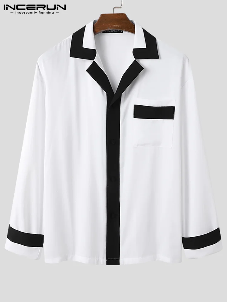 INCERUN Tops 2023 New Men Splicing Long Sleeve Shirts Fashion Casual Male Hot Sale Button Up Party Nightclub Pocket Blouse S-5XL