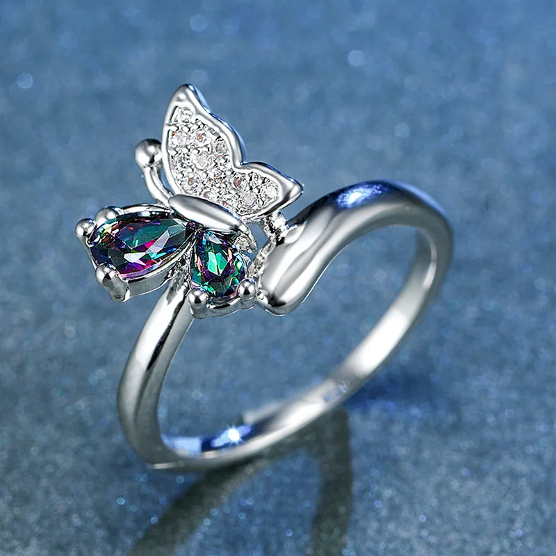 Фото 2025 Butterfly Ring Multi-Colored Cubic Zirconia Women's Wedding Accessory Exquisite Aesthetic Statement Jewelry Gift №4