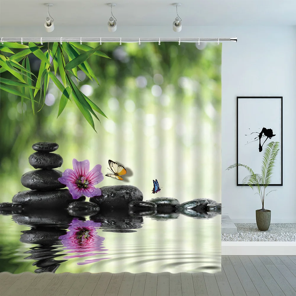 

Бамбуковая занавеска для душа s Zen, садовые фиолетовые цветы, зеленое растение, камень, спа, ландшафт, декор для ванной комнаты, подвесная зан...