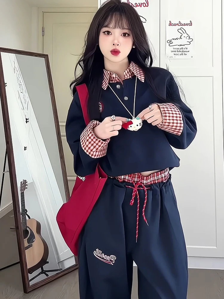 Retro Fried Street Sweatshirt Set Women Autumn Preppy Fake Two-Piece Polo Hoodie Wide-Leg Pants Casual Two-piece