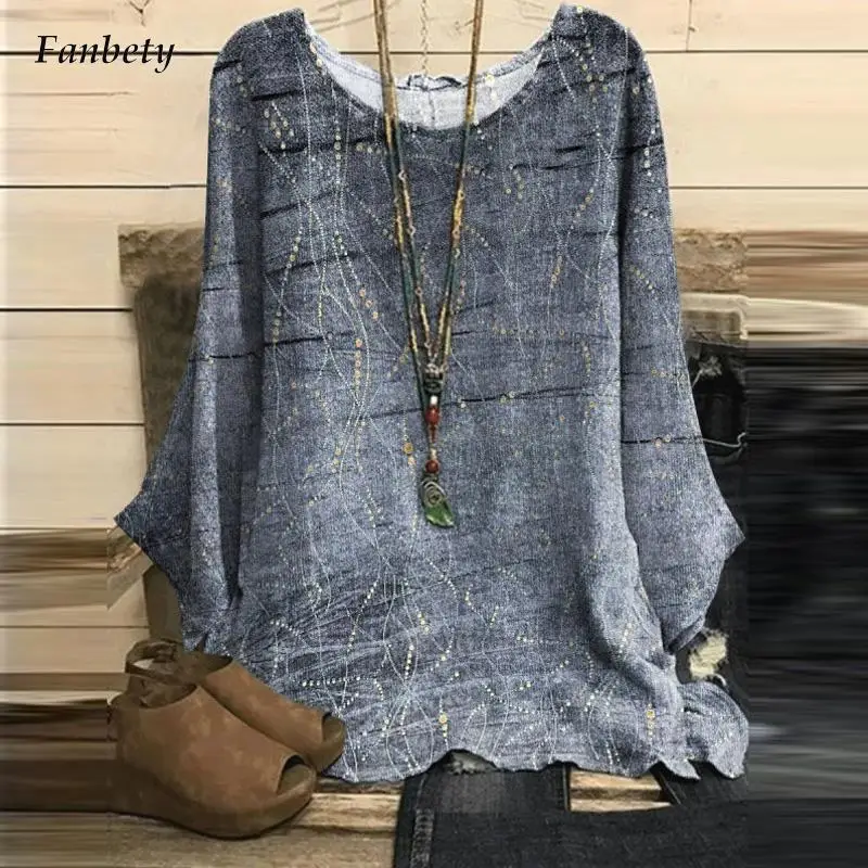 

Блузка женская хлопково-льняная с круглым вырезом, элегантная винтажная Повседневная Свободная рубашка с принтом золотой линии, уличная од...