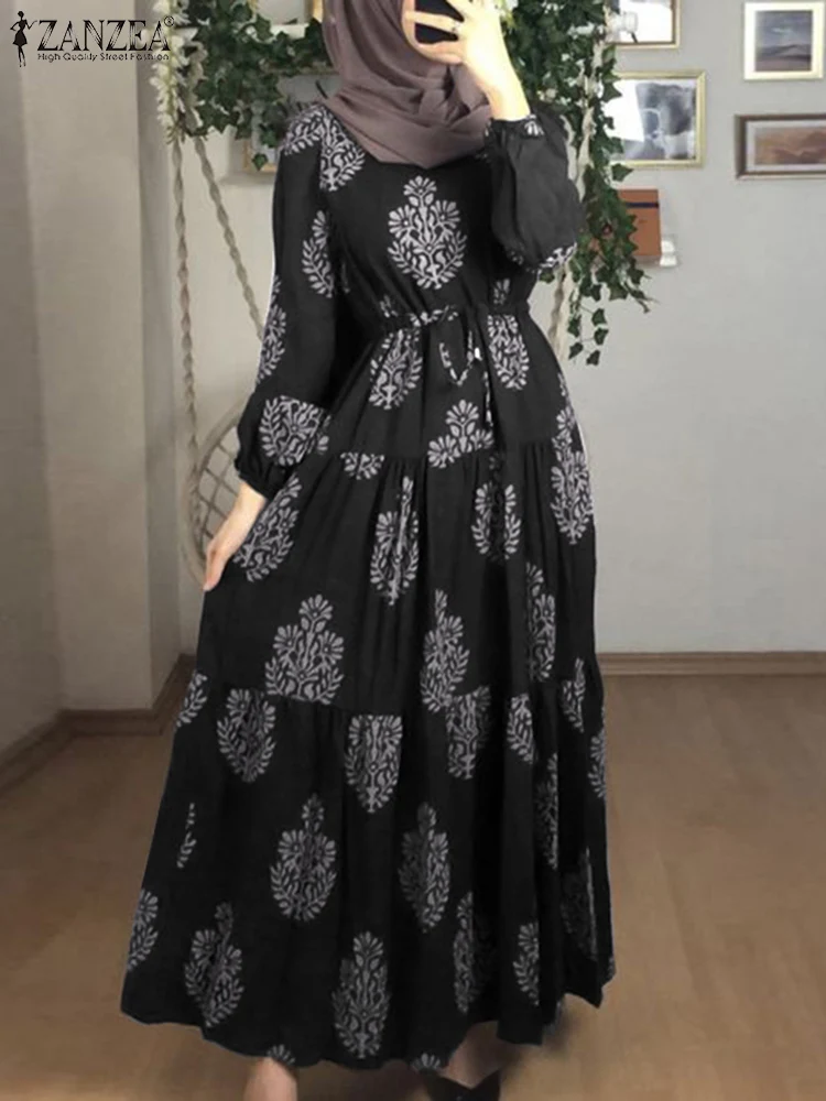 Платье ZANZEA женское длинное в мусульманском стиле, элегантный Свободный Повседневный Сарафан с принтом для отдыха, с длинным рукавом, оверса...