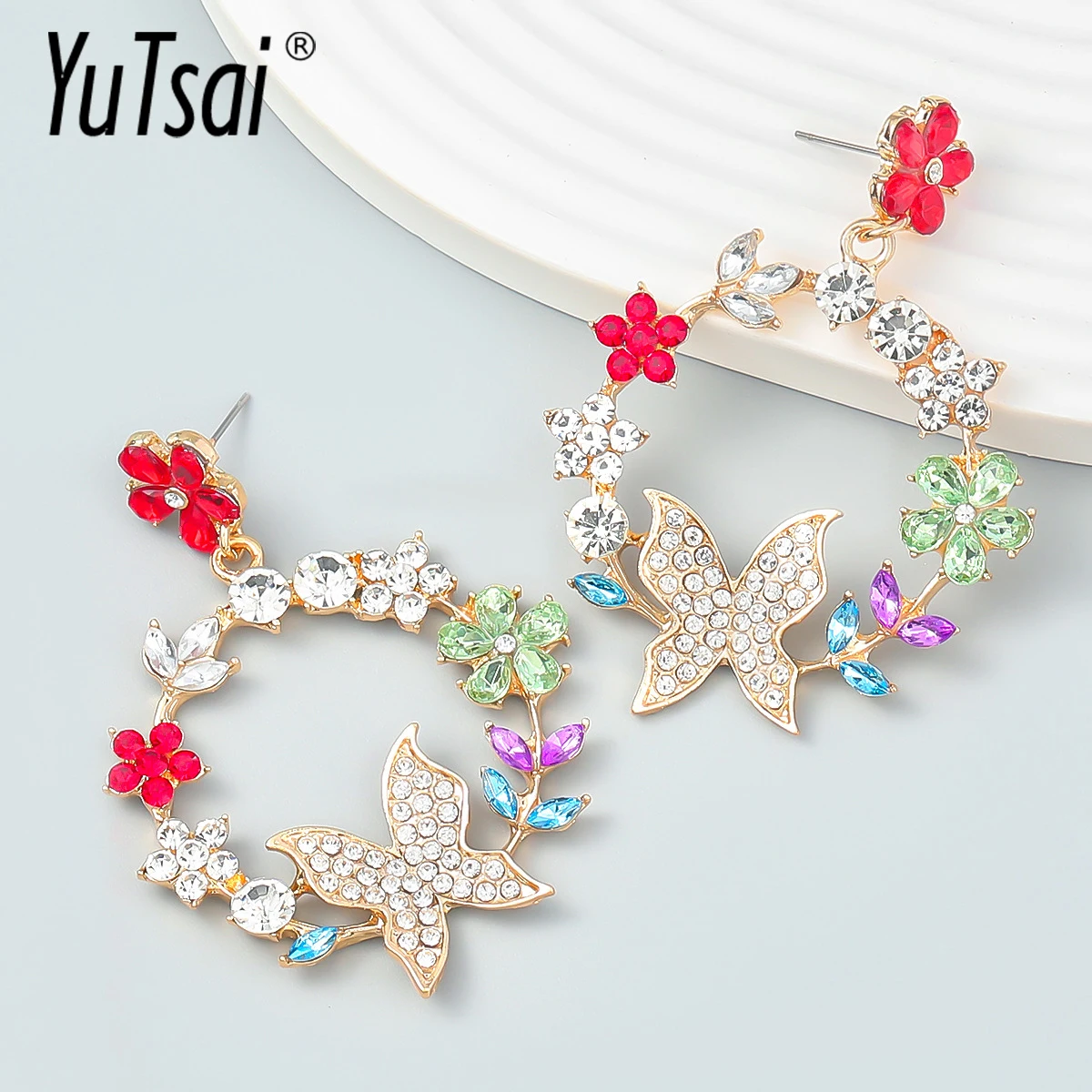 

YUTSAI Romantic 3 Color Garland Butterfly Drop Earrings Elegant Spring Rhinestone Flower Insect Earring for Women Gifts YT1129