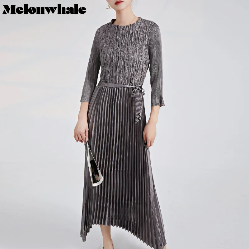 MelonWhale Belted Pleated Dresses for Women Irregular O-neck Long Sleeve Loose Solid Color 2023 Summer Female Fashion Elegant