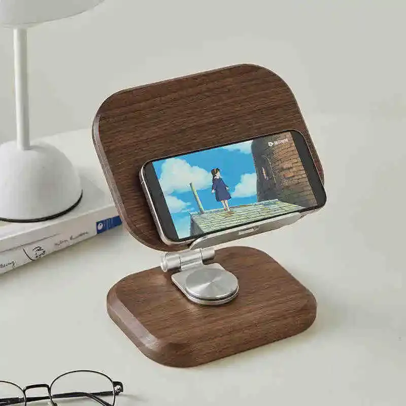 360 ° Вращающаяся подставка для телефона и планшета из черного ореха регулируемый