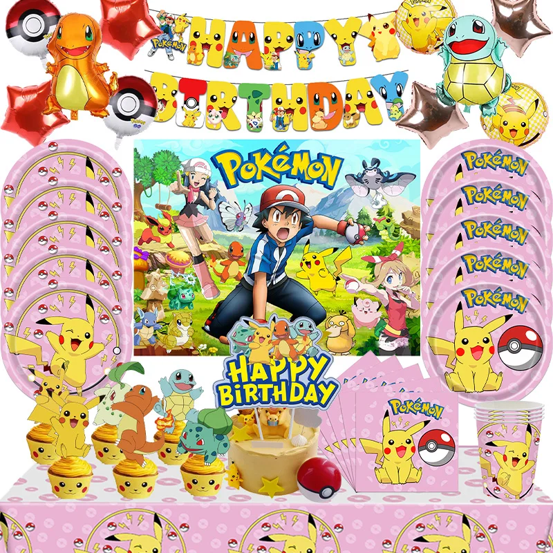 

Pokemon anime Birthday Decoration Girls Pikachu Tableware Paper Plates Napkins Cups Backdrop Balloons Baby Shower Party Supplies
