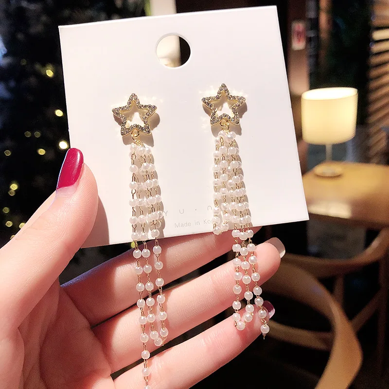 

Wholesale S925 Silverss Pin Pentagram Earrings Women's Long Tassel Jewelry Gift