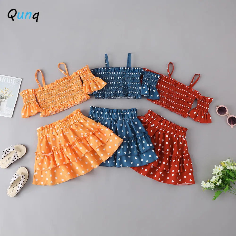 

Qunq Summer Girls Polka Dot Suspender Short Sleeve Folds Crop Top + Skirt 2 Pieces Set Cake Dress Casual Kids Clothes Age 3T-8T