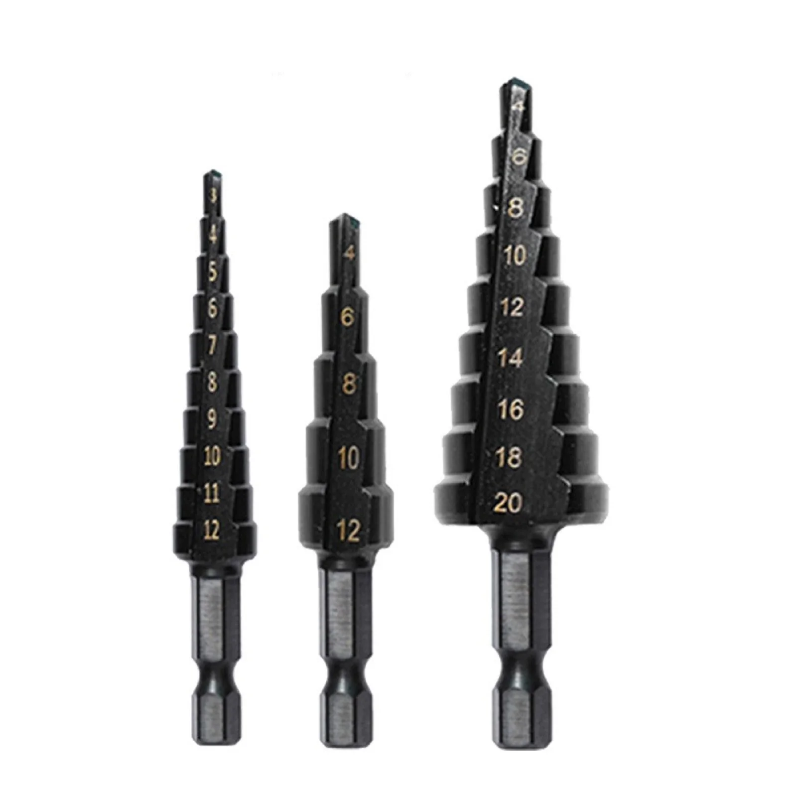 

3Pcs Step Drill Bits 3-12 4-12 4-20 Straight Groove HSS Titanium Coated Hole Cutter Set Metalworking Punching Power Tool Parts