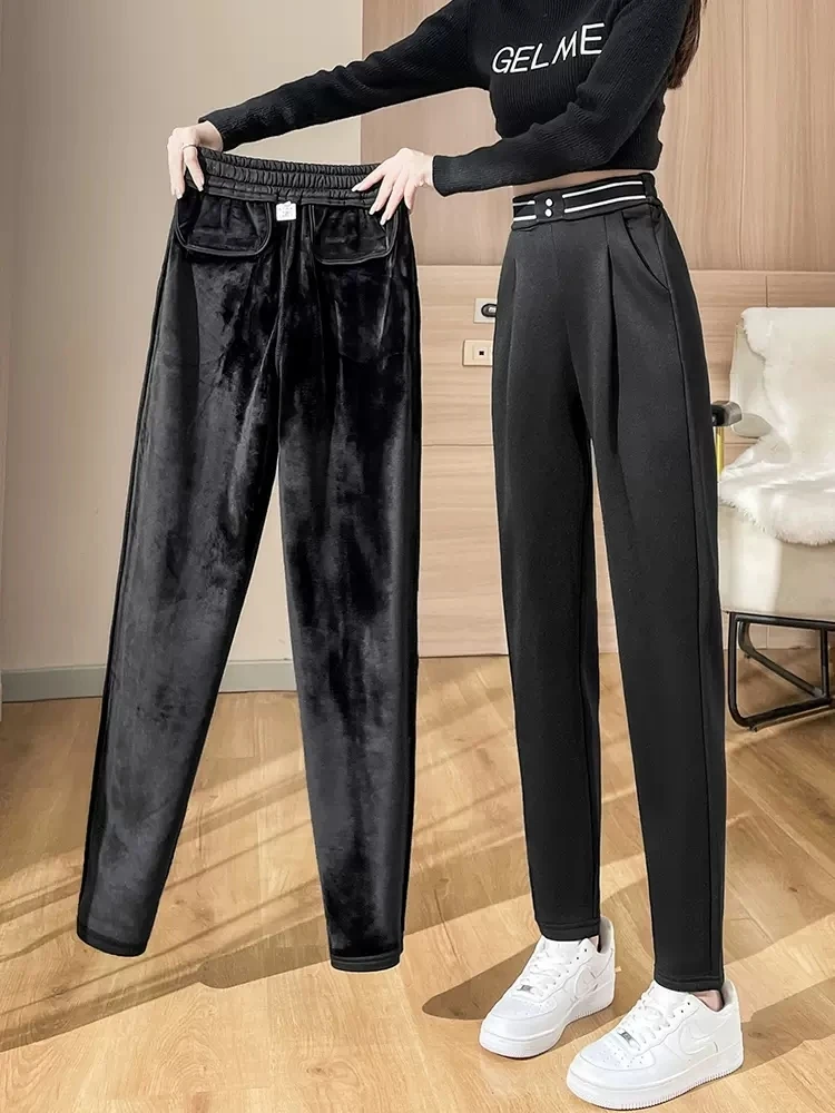 

Утепленные шаровары с эластичной высокой талией, модные мешковатые теплые брюки в Корейском стиле, повседневные зимние женские флисовые брюки