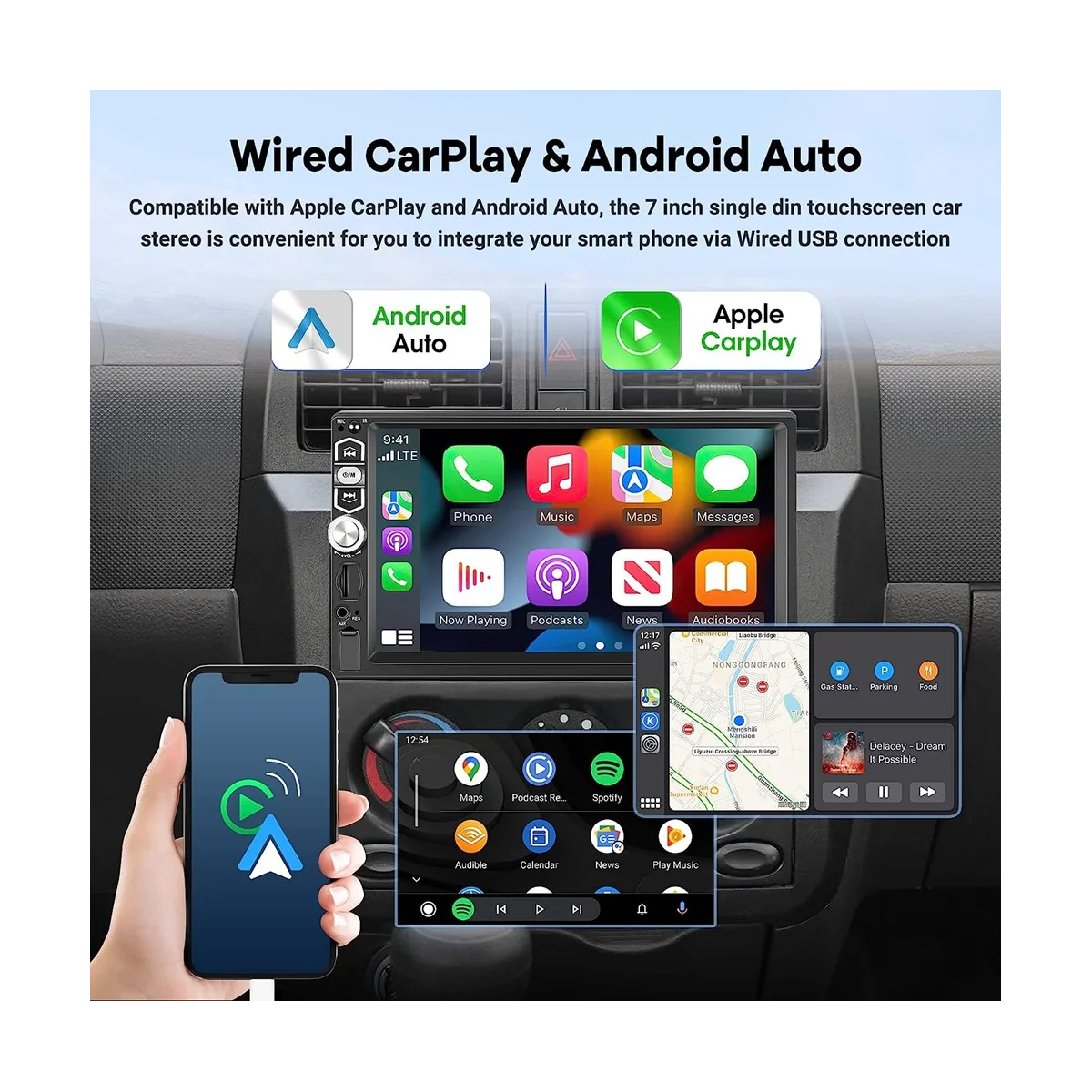 Single Din Car Stereo Carplay Android Auto, 7 Inch Touch Screen Radio, Mirror Link/Bluetooth/FM Radio/Backup
