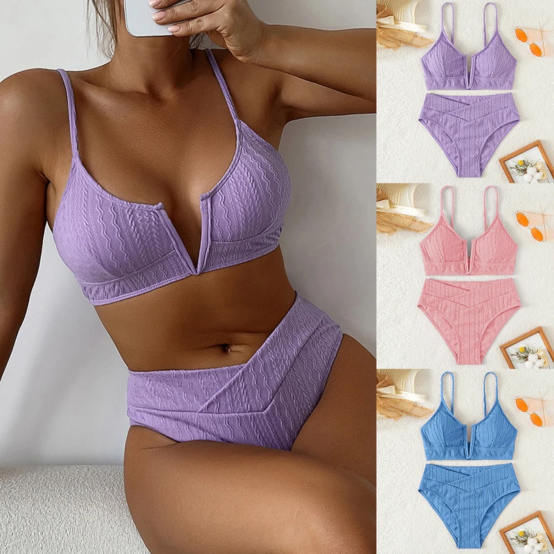 

Sexy High Waist Bikinis Swimwear Women Deep V Neck Solid Swimsuit 2023 Female Ribbed Push Up Beachwear Bathing Set Beach Wear