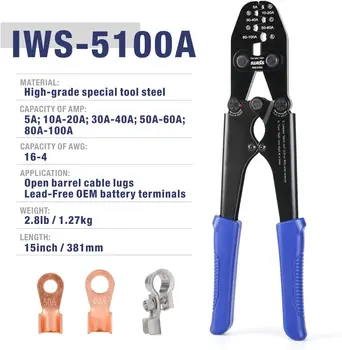 IWISS IWS-5100A Electrical Cable Crimper Tools for Open Barrel Lug  Lead-Free OEM Battery Terminals Works with Wire AWG 16-4 2