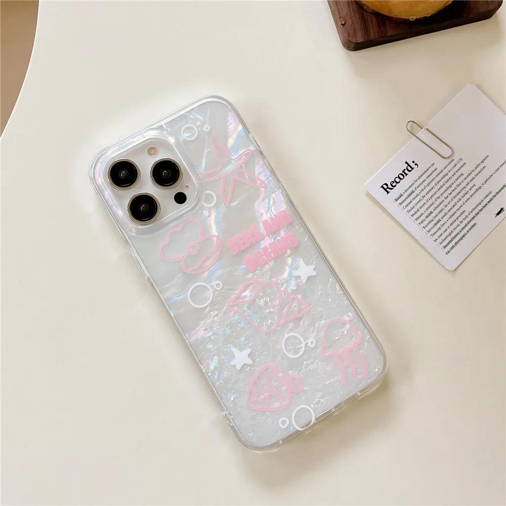 

Pink Ocean Glitter Shell Texture Star Jellyfish Phone Case For iPhone 14 11 12 13 Pro Max Bling Soft Silicone Protect Back Cover