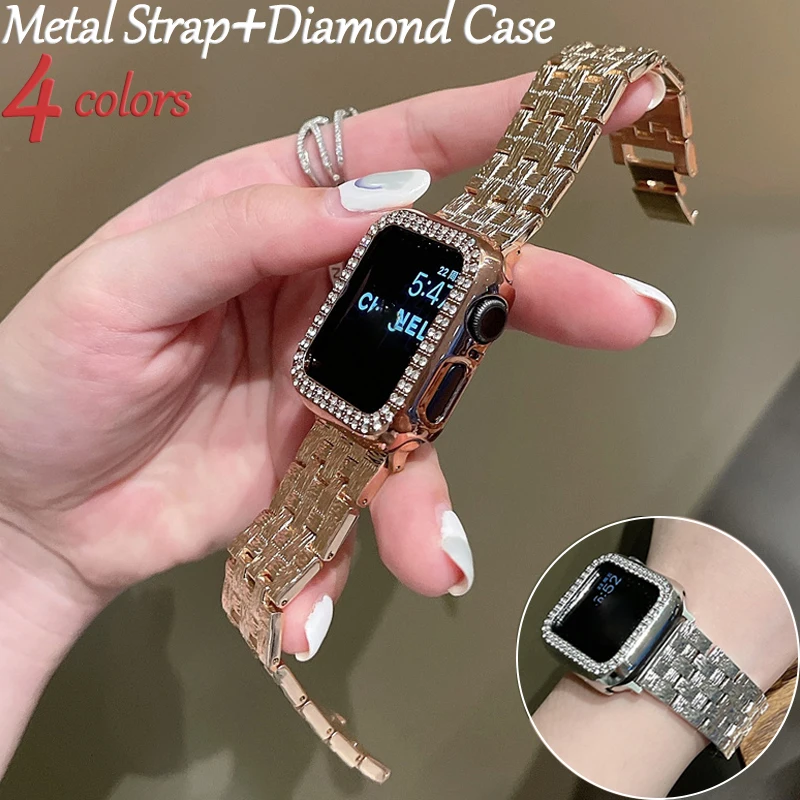 

Band+Case Metal Strap For Apple Watch Series7 40 44 45MM Diamond Wirstband 38MM 41 42MM Stainless Steel Bracelet For Iwatch SE65