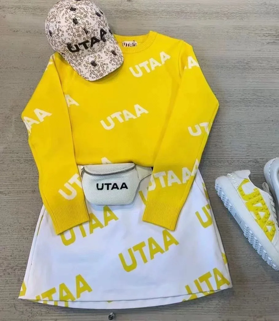 UTAA Fall/Winter Golf Wear for Women Bright Crewneck Casual Versatile Knitwear Thickened jersey with white long sleeves