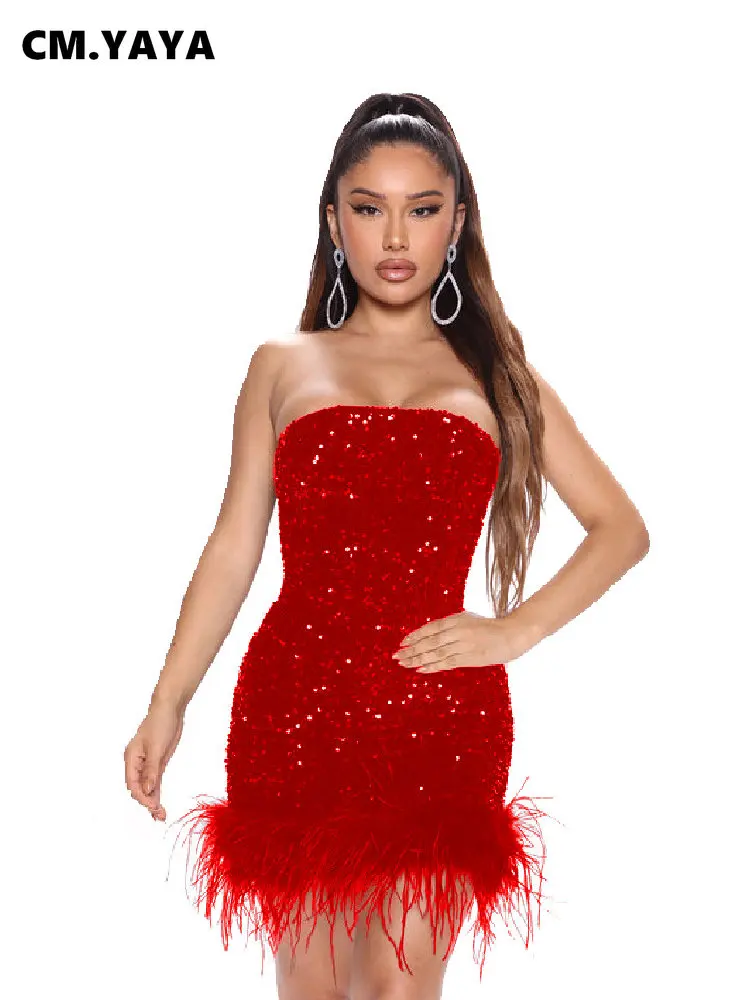 

CM.YAYA Elegant Sequined Women Strapless Fur Hem Bodycon Midi Mini Dress Classic Ins Sexy Party Evening Prom Dresses Vestidos