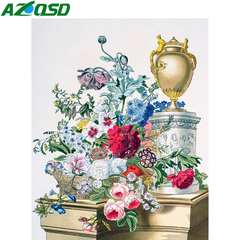 

AZQSD Oil Painting By Number Flower Rose Peony Hand Painted Wall Art DIY Frame Floral Drawing On Canvas For Living Room 75x60cm
