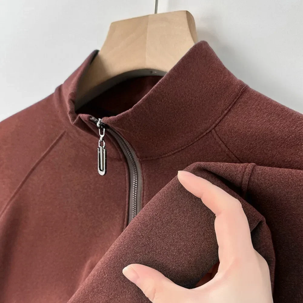 Half Zipper Pullover Stand Up Collar Long Sleeved T-shirt Mens Solid Color Double-sided Velvet Base Shirt Tops