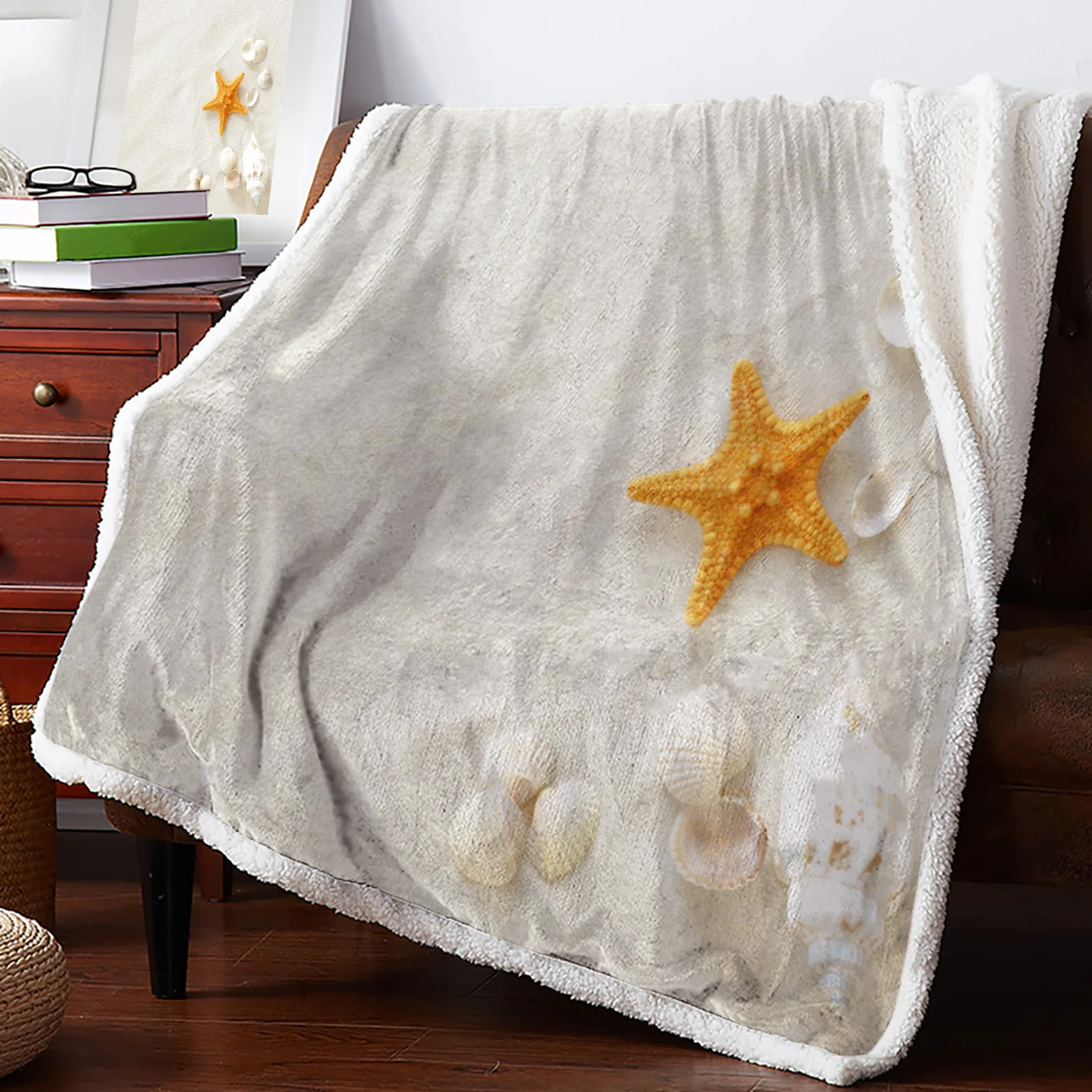 

Seashells Conch Starfish Beach Sand Sherpa Blanket Double Velvet Flannel Bedspreads Office Nap Throw Blanket Sofa Cover Bedding