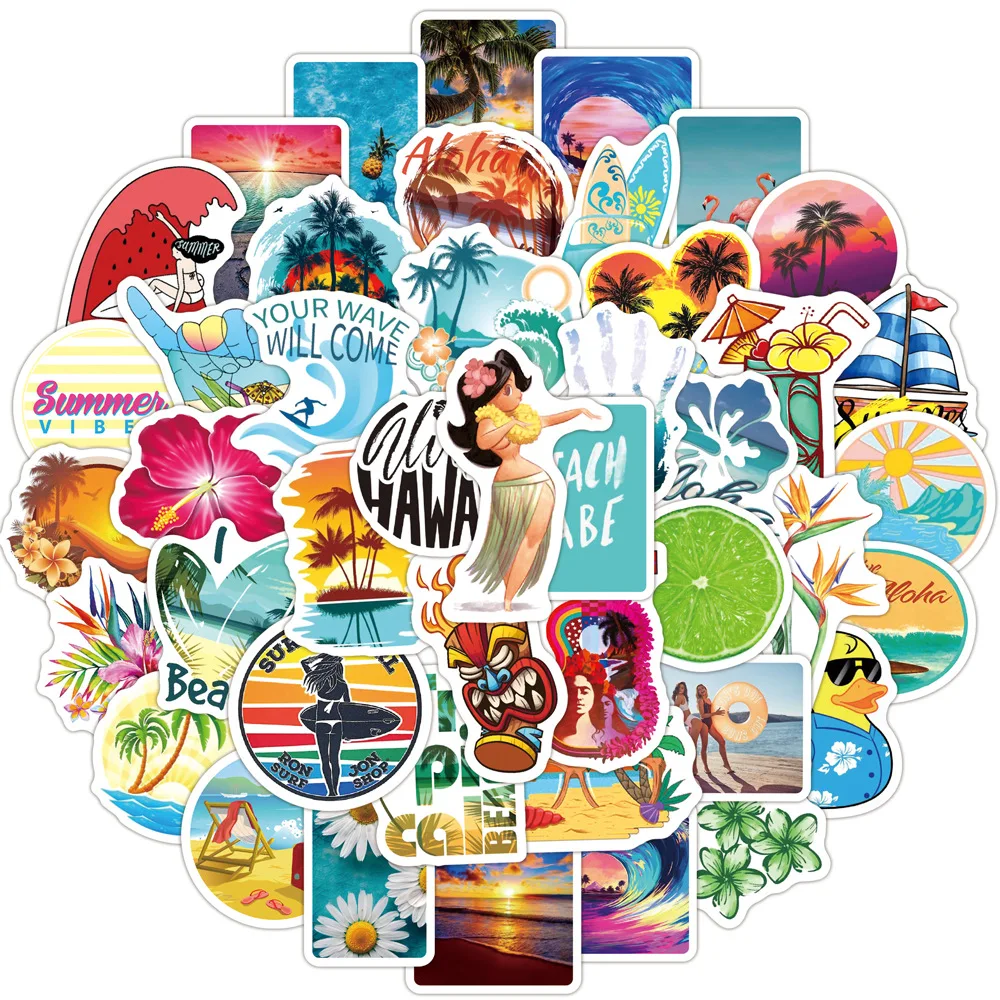 

50Pcs Seaside Surfing Vacation Small Fresh Hawaii Hawaiian Style Graffiti Stickers Water Cup Notebook Waterproof Decal Kid Gift