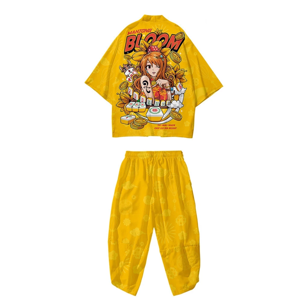 

Yellow Cartoon Japanese Style Sets Fashion Kimono Beach Harajuku Men Women Cardigan Haori Obi Asian Clothes Pant Suit Plus Size