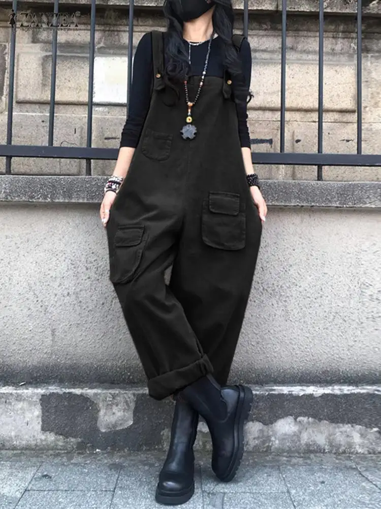 

ZANZEA Casual Straps Suspender Vintage Women Jumpsuits Female Overalls 2023 Autumn Rompers Solid Wide Leg Playsuits Overszie