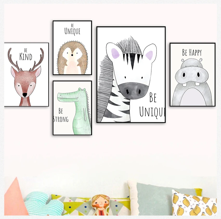 

Poster Nursery Wall Art Canvas Painting Nordic Kid Room Decoration Picture Watercolor Woodland Baby Animal Poster Dinosaur Lion