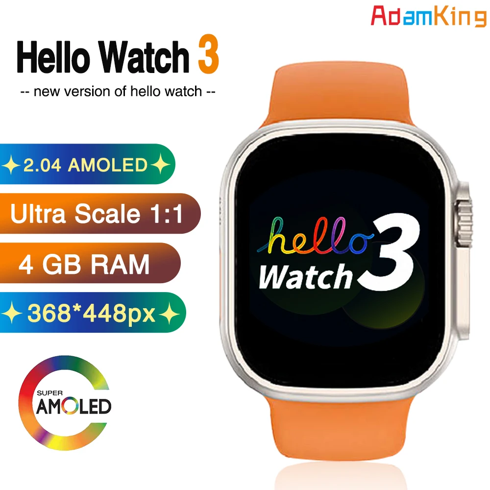 

2023 New Men 2.04" AMOLED Hello Watch 3 Smart Watches Ultra Series 8 49mm Compass Heart Rate E-book Women 4GB Memory Smartwatch