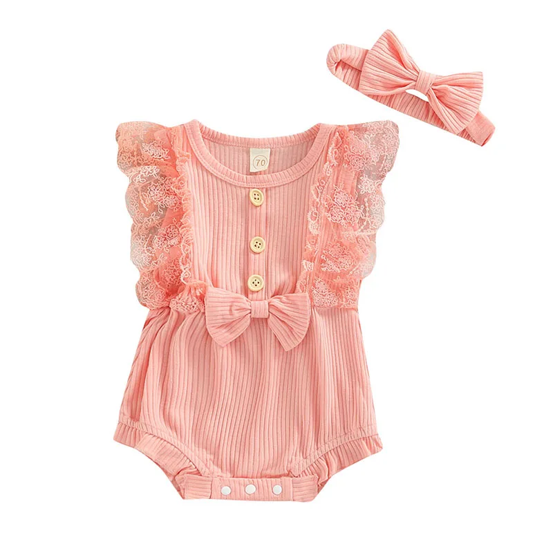 Baby Girl's Romper, Round Neck Lace Sleeveless Bowknot Decorated Ribbed Romper and Headband
