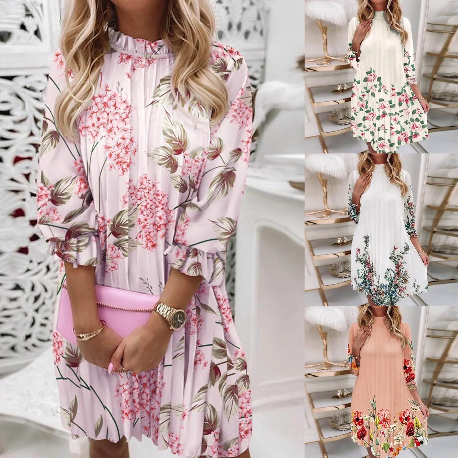 

Women's Floral Print Ruffle Neck Fold Three Quarter Sleeves Splice Loose Dress Holiday Sundress Dresses for Women