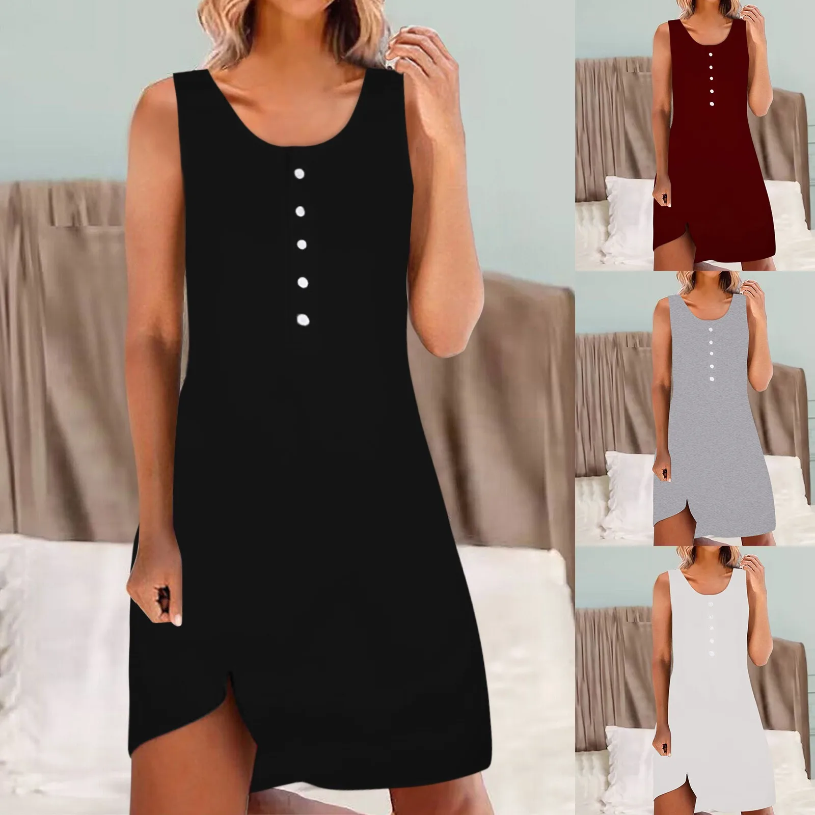 

Women's Summer Casual Loose Dress Sleeveless Button Down Vest Dress Boho Party Beach Dresses Black White 2023 Fashion Vestidos