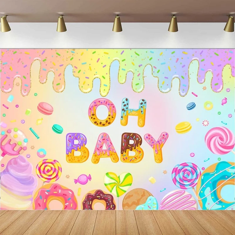 

Sweet Oh Baby Photography Backdrop Candyland Blue Pink Gold Girl Happy Birthday Banner Donut Theme Party Decor Background Poster