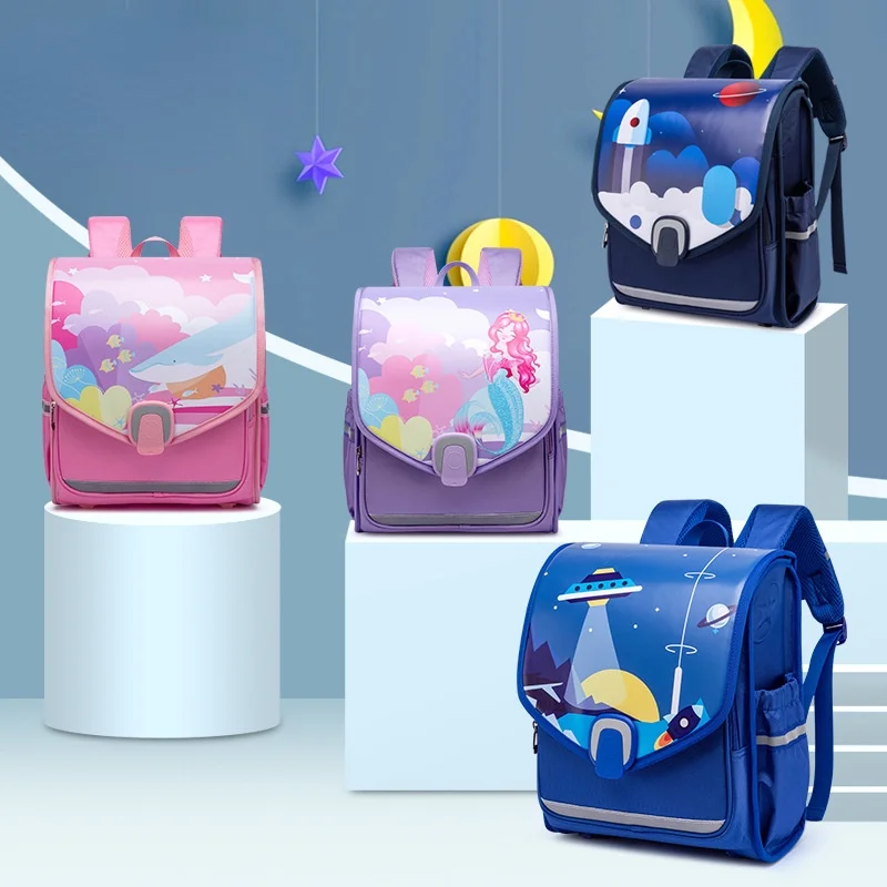 Girls Princess Mermaid Boys UFO Fashion British Style Backpacks New Children Cartoon Large Capacity Reflective Schoolbags Hot
