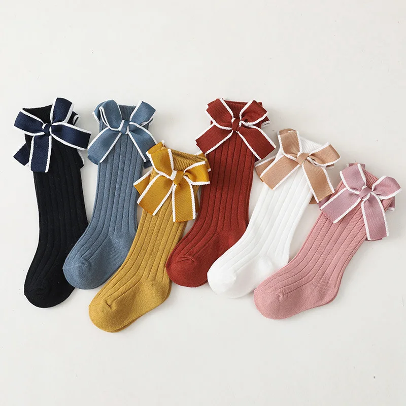 

Baby Girls Stripe Bows Socks Knee High Soft Cotton Kids Long Socks Children Floor Socks Princess Style For 0-5 Years