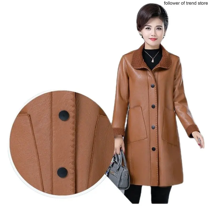 Mid-autumn Winter Ladies Long PU Leather Loose Korean Faux Lamb Fur One Mother's Women's Vintage Brown Long Coat Loose Waist