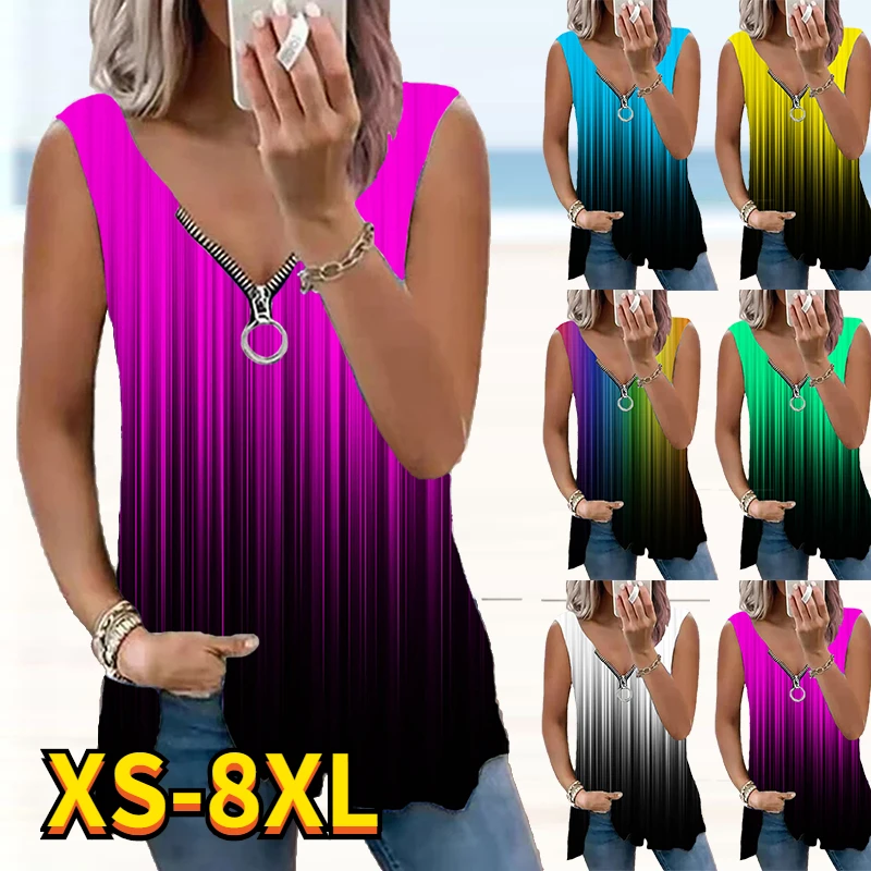 2022 Women Summer tank tops Loose  Zipper sleeveless V-neck print vest summer Sexy Streetwear  Fashion plus size Basic pullover 1