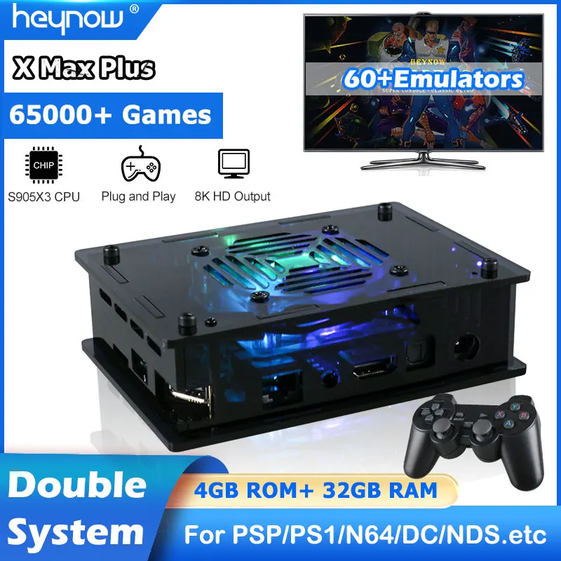 HEYNOW X Max Plus Retro Super Console Android 9.0 EE4.5 OS With 65000+ Games WiFi 8K HD TV Video Arcade Game Box For PS1/PSP/N64