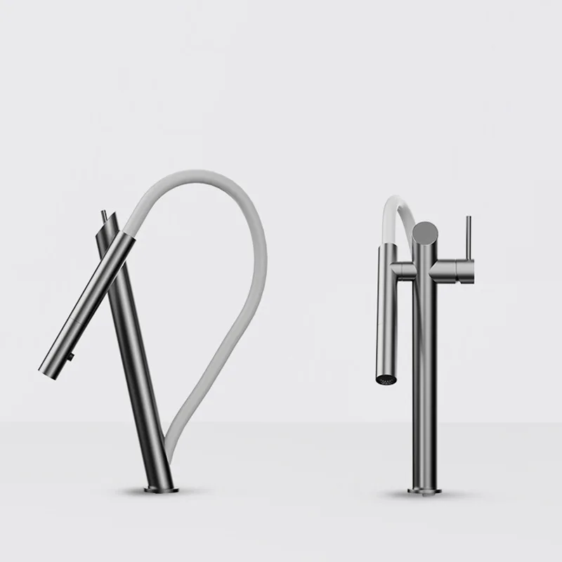 Выдвижной кухонный смеситель кран из латуни черного цвета с магнитным