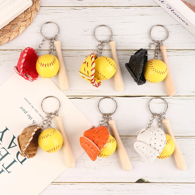 

New 3D Leather Sports Car Key Chain Colorful Mini Baseball Glove Wooden Bat Keychain Key Ring Gift For Women Men Gift