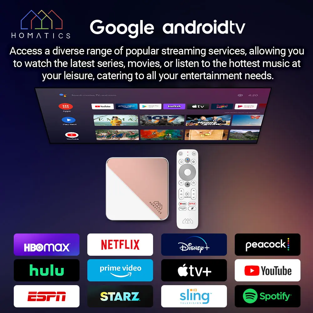 Фото ТВ-приставка HOMATICS Box R 4K Plus на Android TV 14, сертифицированная Netflix и Google, на базе Amlogic S905X4, 4G/32G, с поддержкой DTS, Dolby Audio и Dolby Vision №3