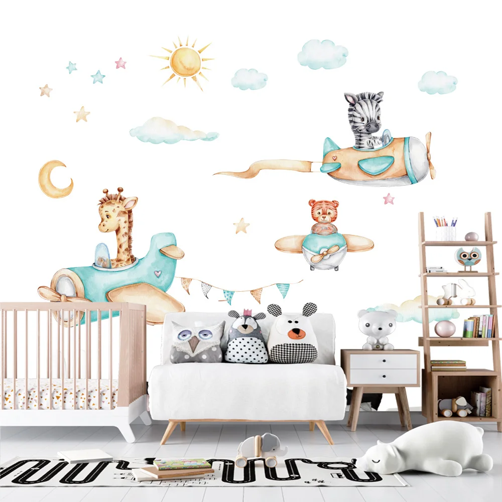 

Cartoon Animals Pilot Aircraft Wall Sticker for Kids Room Ornament Boys Bedroom Wall Decor Vinyl Cute Wall Decals Art Murals